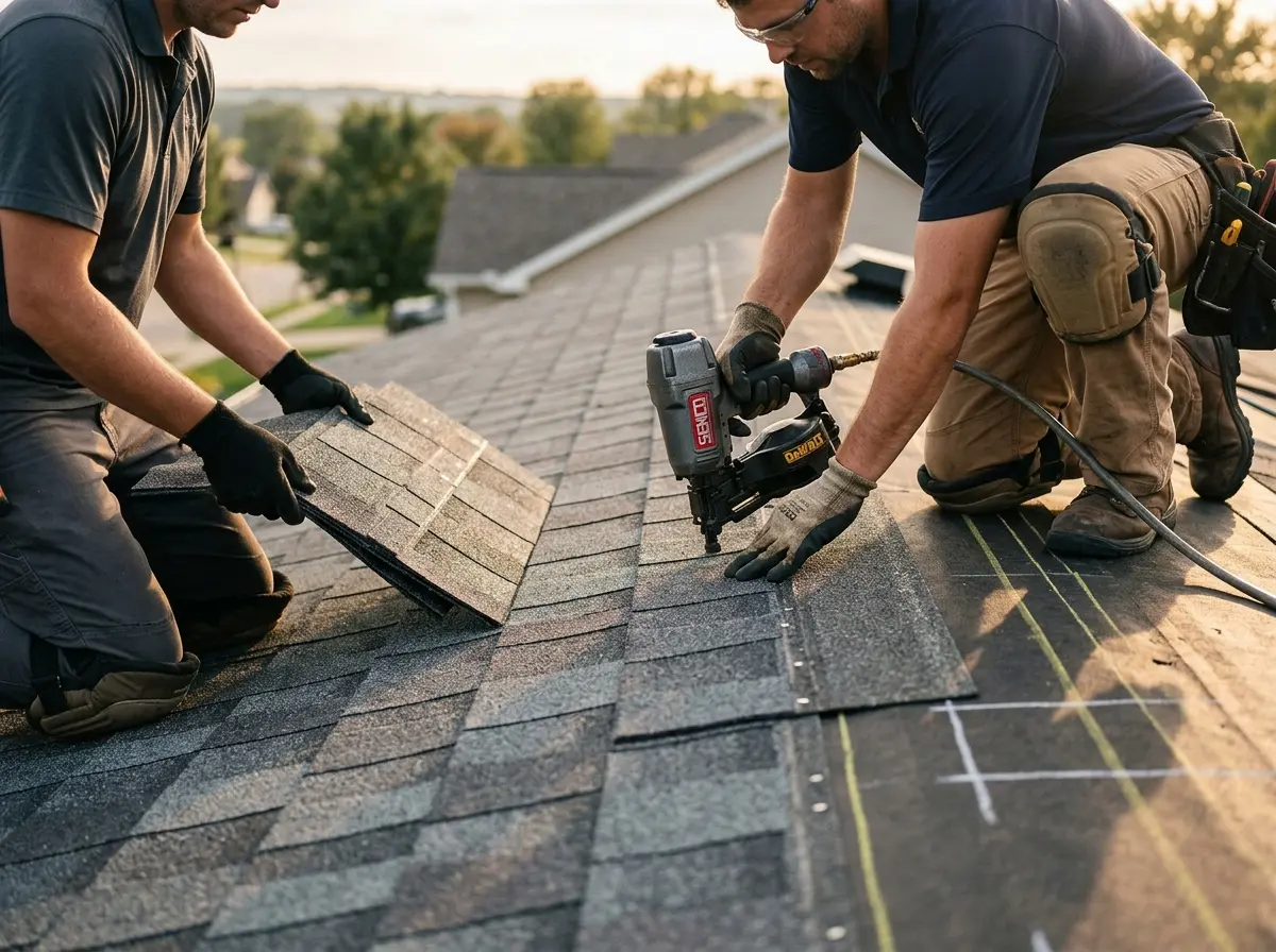 Professional roofer working on a residential roof in Yulee